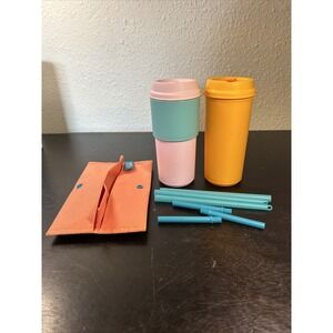 TUPPERWARE ~ Eco To Go Cups 16 oz ~ #8906 Orange & Pink And Pack Of Straws